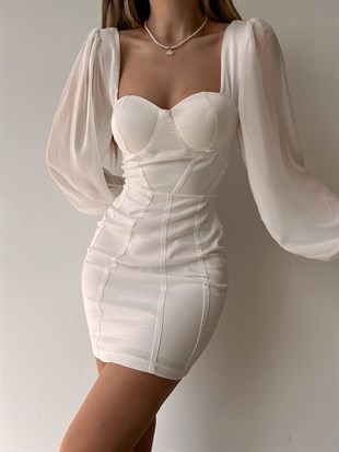 Tül Kol Detay Göğüs Kuplu Korse Berenice Kadın Beyaz Elbise 22Y000010