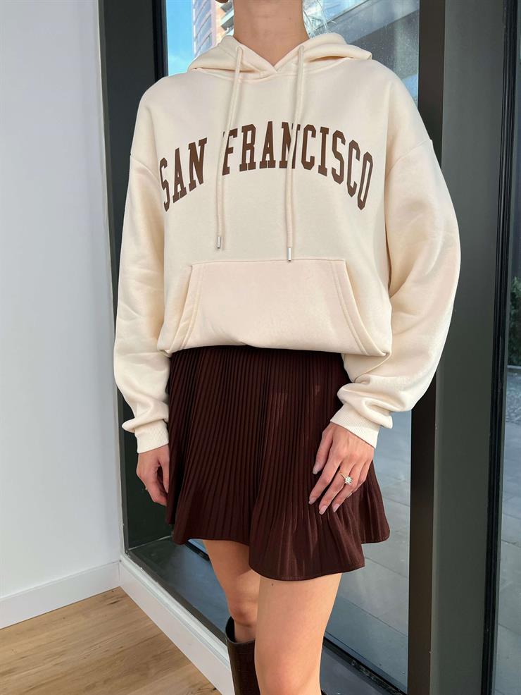 Kapüşonlu Kanguru Cepli San Francisco Yazılı Beres Kadın Taş Sweatshirt 24k000192