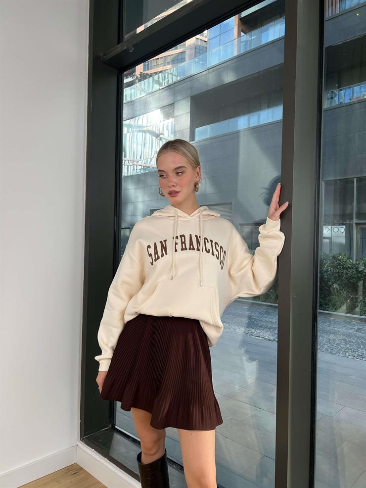 Kapüşonlu Kanguru Cepli San Francisco Yazılı Beres Kadın Taş Sweatshirt 24k000192