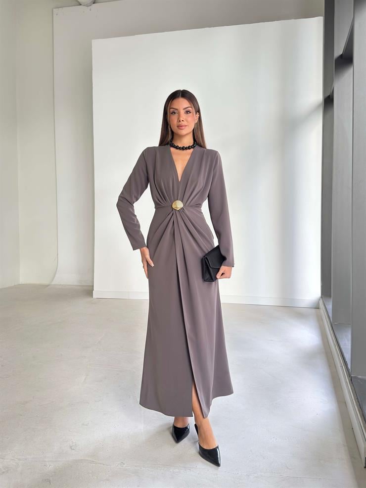 Aksesuarlı V Yaka Berila Haki Kadın Elbise 26K191