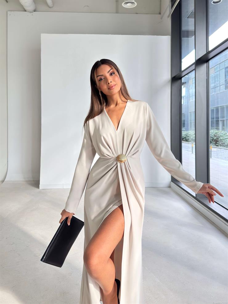 Aksesuarlı V Yaka Berila Taş Kadın Elbise 26K191