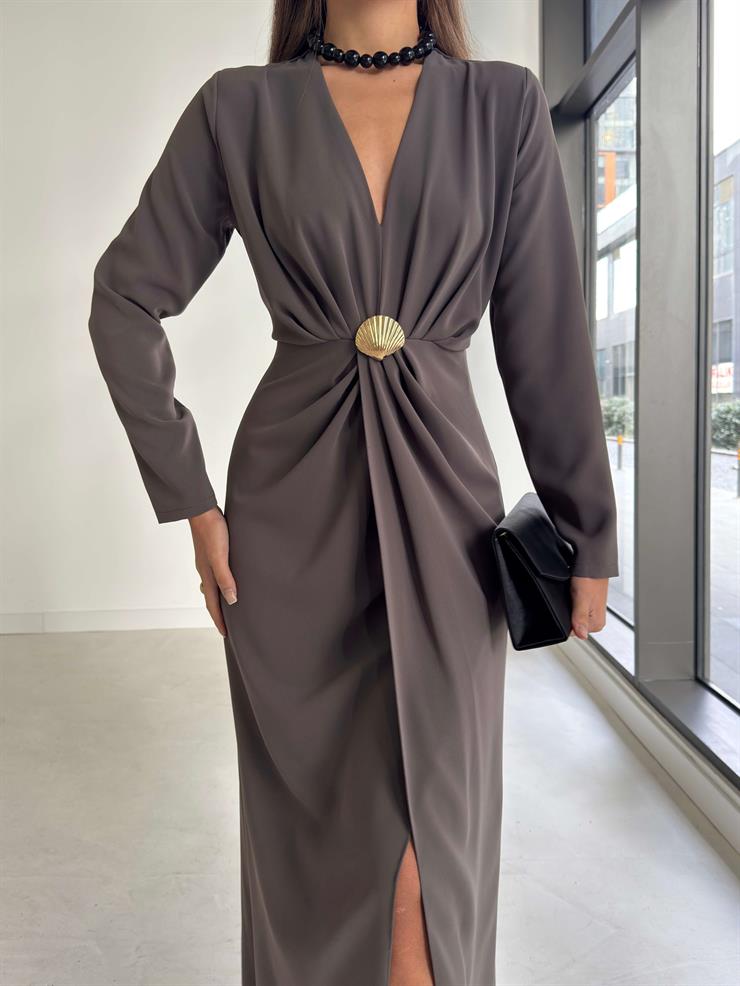 Aksesuarlı V Yaka Berila Haki Kadın Elbise 26K191