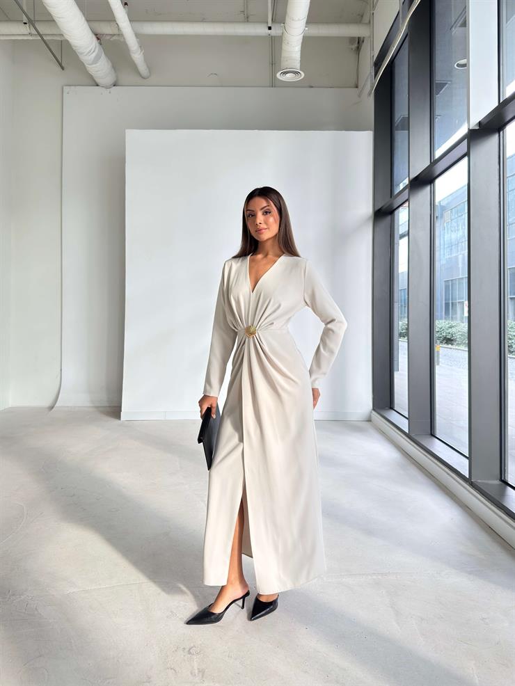 Aksesuarlı V Yaka Berila Taş Kadın Elbise 26K191