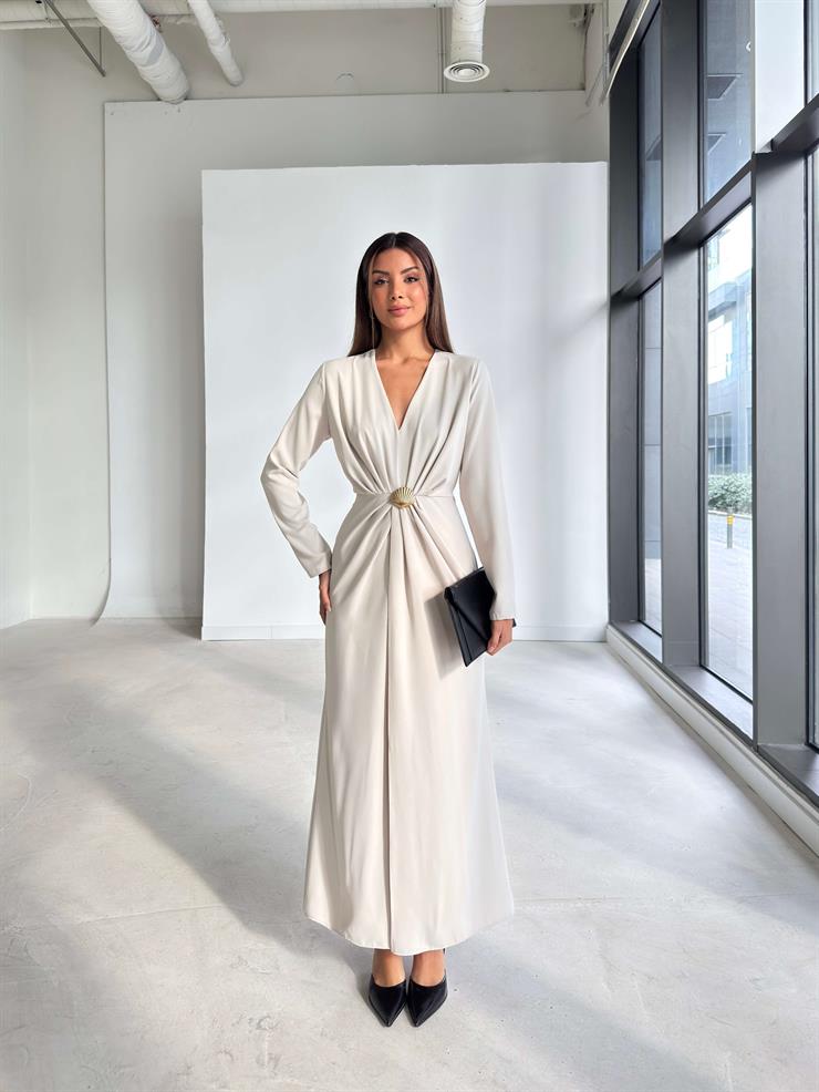 Aksesuarlı V Yaka Berila Taş Kadın Elbise 26K191