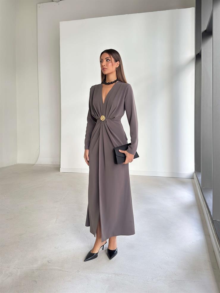 Aksesuarlı V Yaka Berila Haki Kadın Elbise 26K191