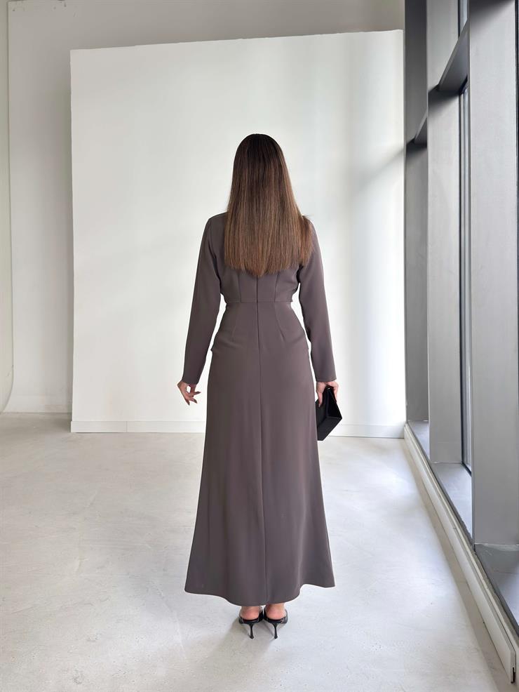 Aksesuarlı V Yaka Berila Haki Kadın Elbise 26K191