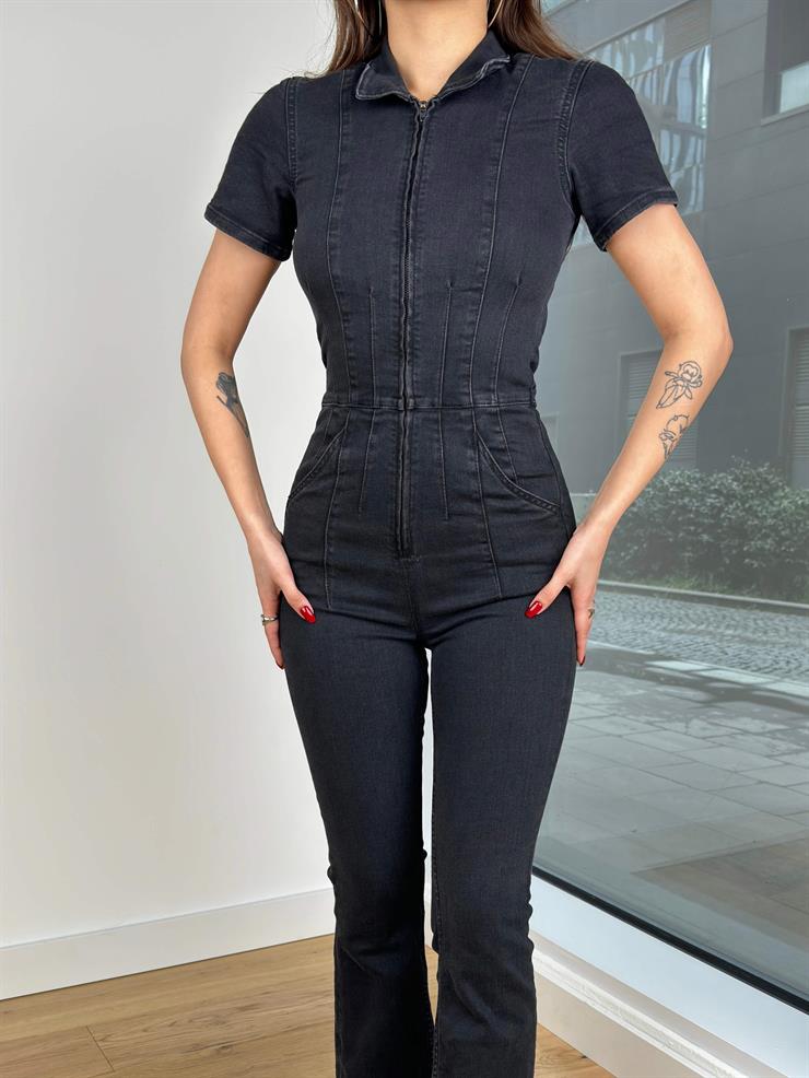 Önü Fermuar Kapamalı İspanyol Paça Berlain Kadın Siyah Kot Tulum 24Y136