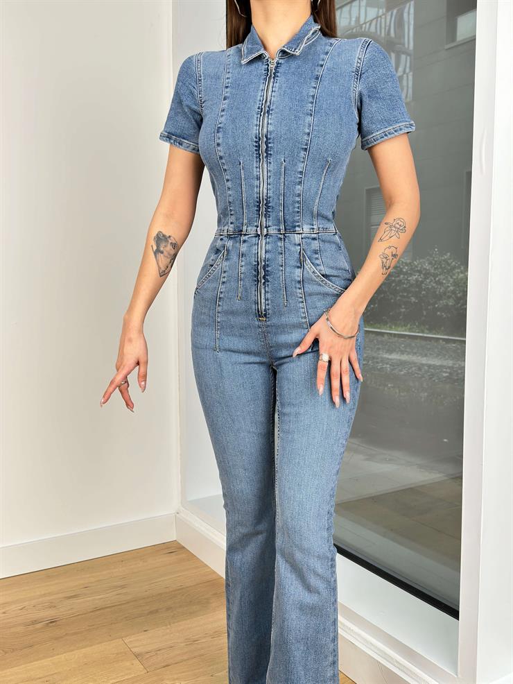 Önü Fermuar Kapamalı İspanyol Paça Berlain Kadın Mavi Kot Tulum 24Y136