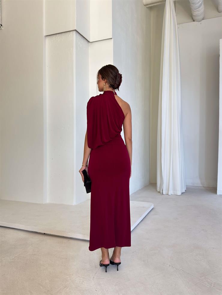 Drape Detaylı Boğazlı Tek Omuz Berli Bordo Kadın Elbise 26K099