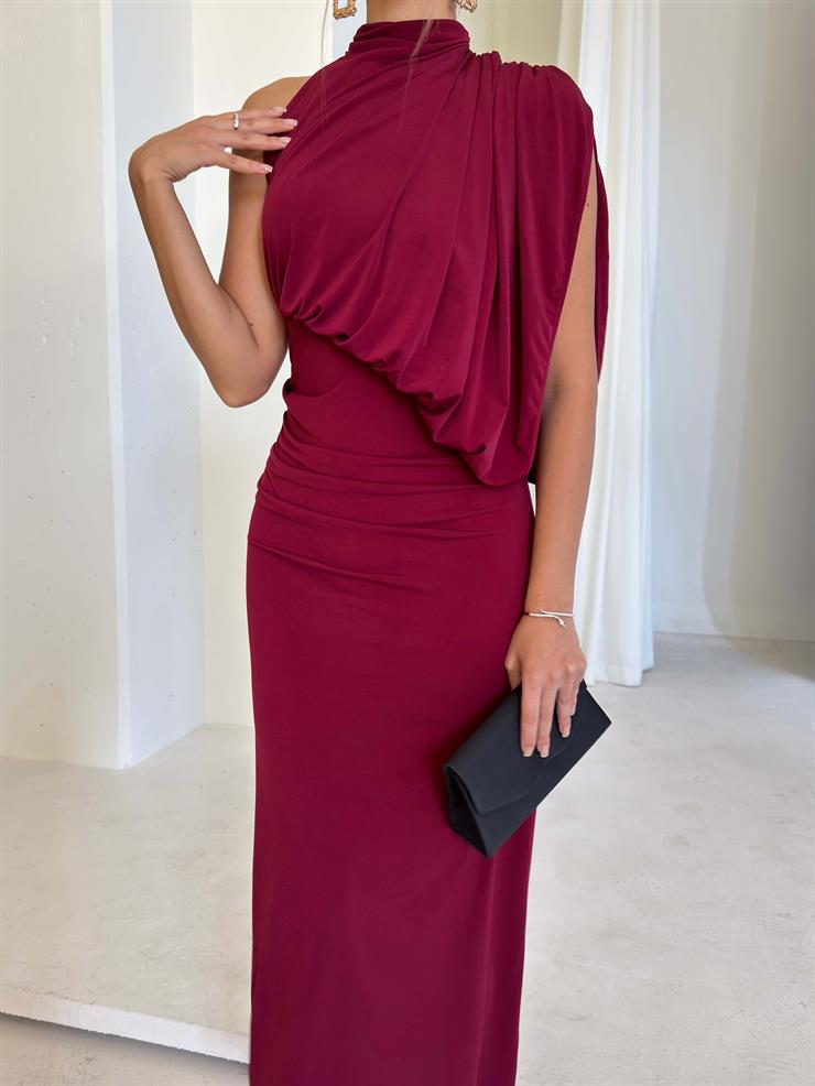 Drape Detaylı Boğazlı Tek Omuz Berli Bordo Kadın Elbise 26K099