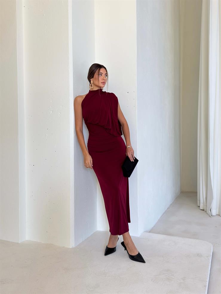 Drape Detaylı Boğazlı Tek Omuz Berli Bordo Kadın Elbise 26K099