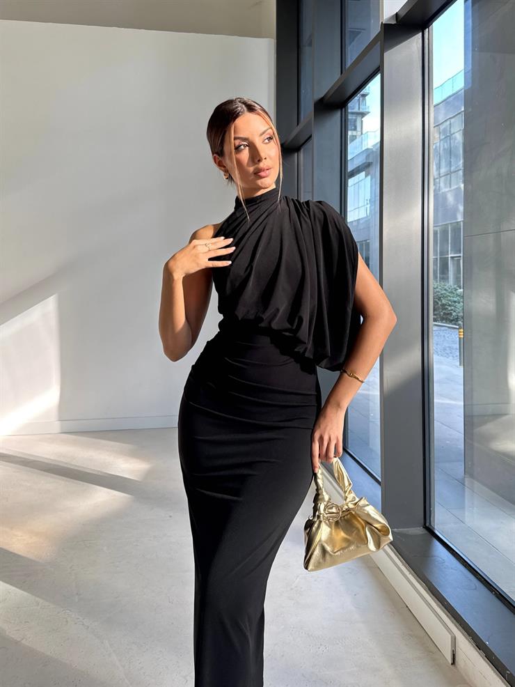 Drape Detaylı Boğazlı Tek Omuz Berli Siyah Kadın Elbise 26K099