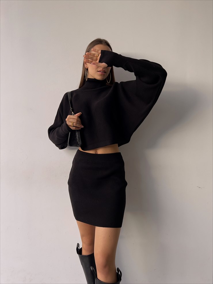 Balıkçı Yaka Yüksek Bel Mini Etek Berlin Kadın Siyah Triko Takım 23K000362