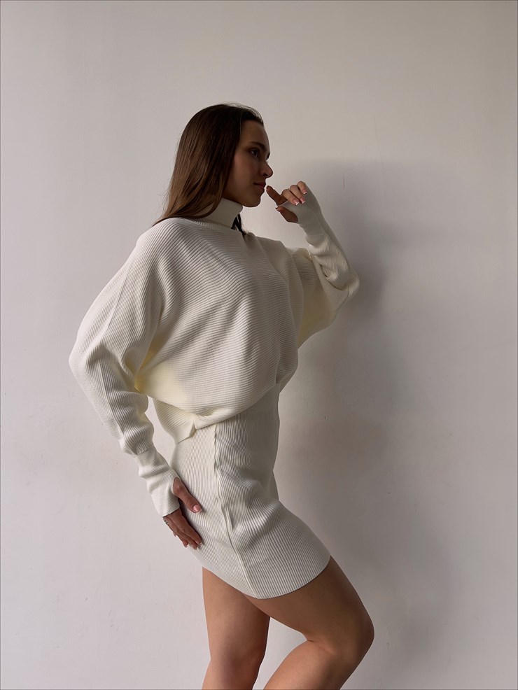 Balıkçı Yaka Yüksek Bel Mini Etek Berlin Kadın Ekru Triko Takım 23K000362