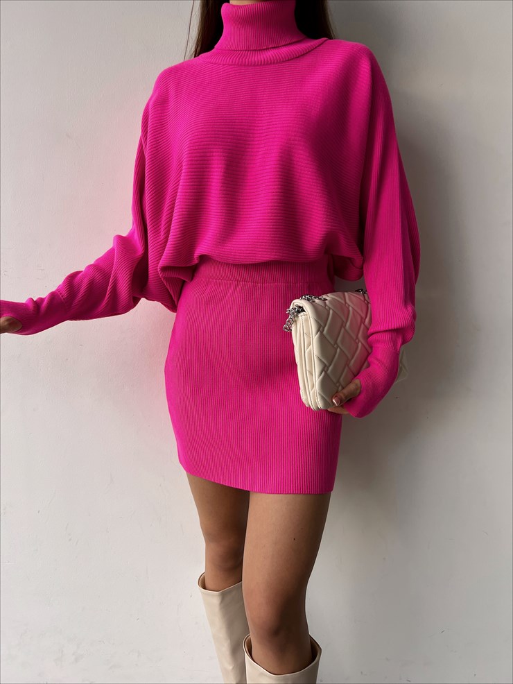 Balıkçı Yaka Yüksek Bel Mini Etek Berlin Kadın Fuşya Triko Takım 23K000362