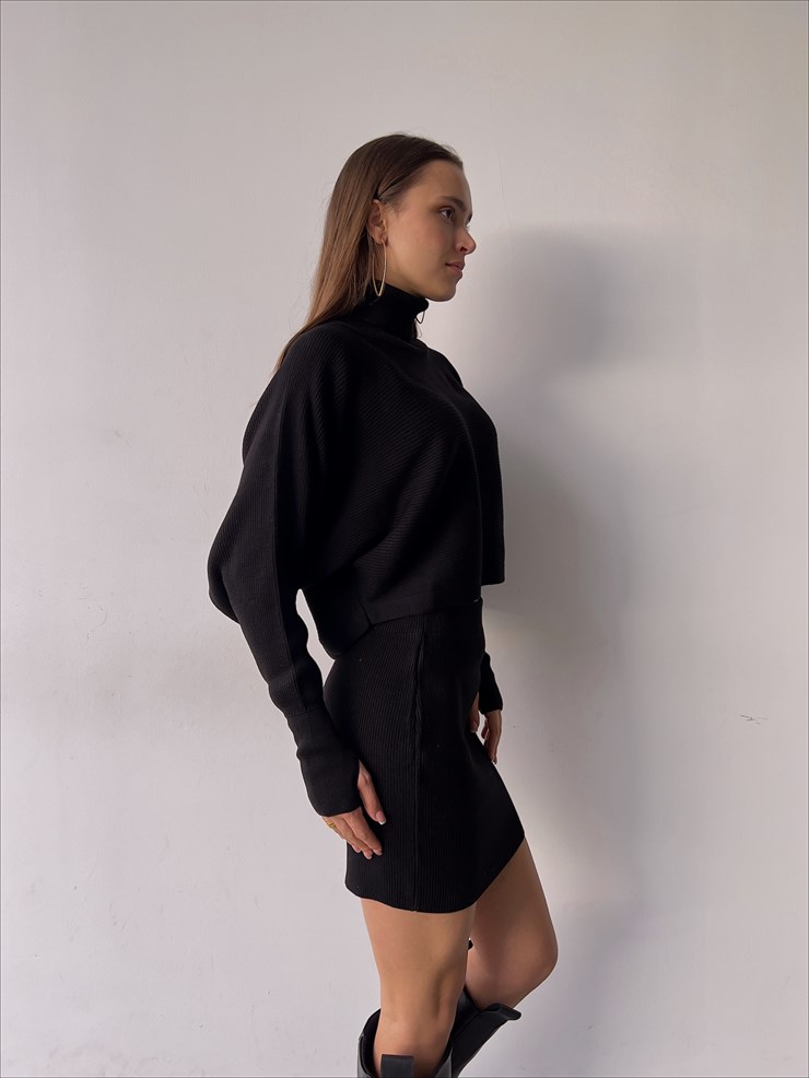 Balıkçı Yaka Yüksek Bel Mini Etek Berlin Kadın Siyah Triko Takım 23K000362