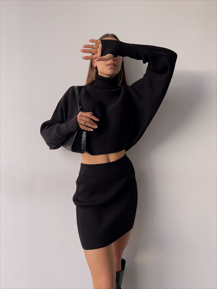 Balıkçı Yaka Yüksek Bel Mini Etek Berlin Kadın Siyah Triko Takım 23K000362
