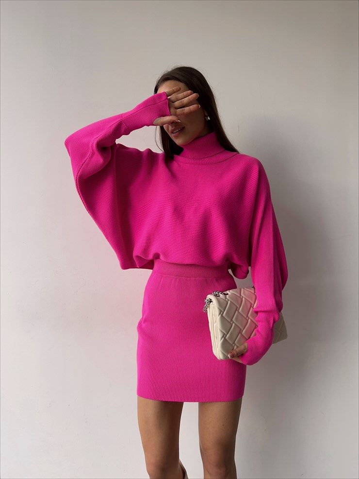 Balıkçı Yaka Yüksek Bel Mini Etek Berlin Kadın Fuşya Triko Takım 23K000362