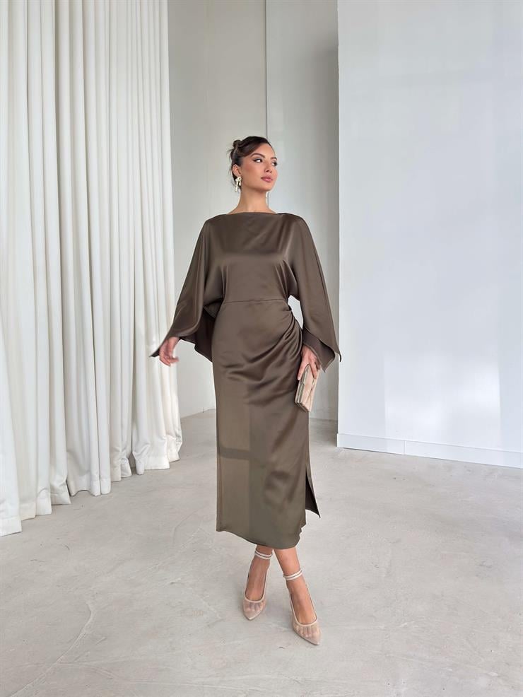 Kolları Ve Yanı Yırtmaçlı Drape Detaylı Berma Haki Kadın Saten Elbise 26K339