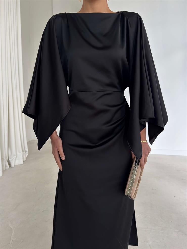 Kolları Ve Yanı Yırtmaçlı Drape Detaylı Berma Siyah Kadın Saten Elbise 26K339