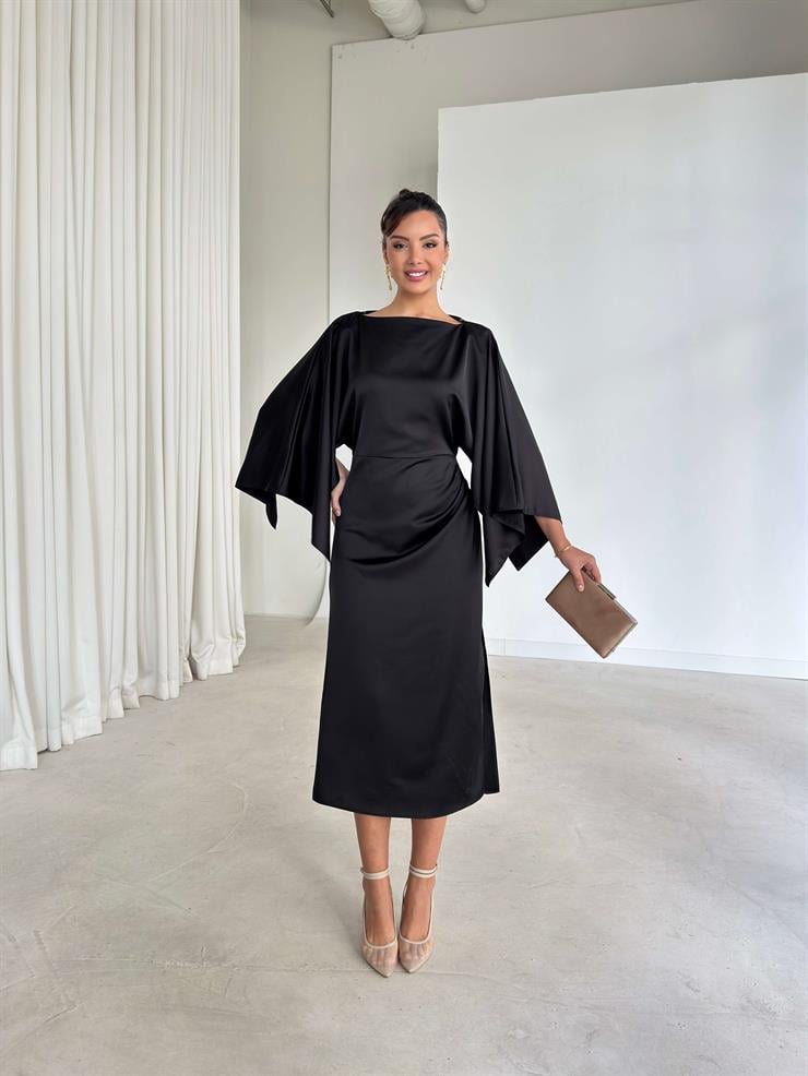 Kolları Ve Yanı Yırtmaçlı Drape Detaylı Berma Siyah Kadın Saten Elbise 26K339