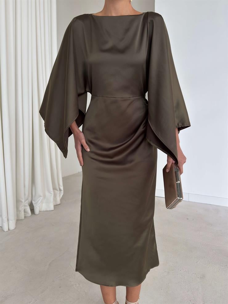 Kolları Ve Yanı Yırtmaçlı Drape Detaylı Berma Haki Kadın Saten Elbise 26K339