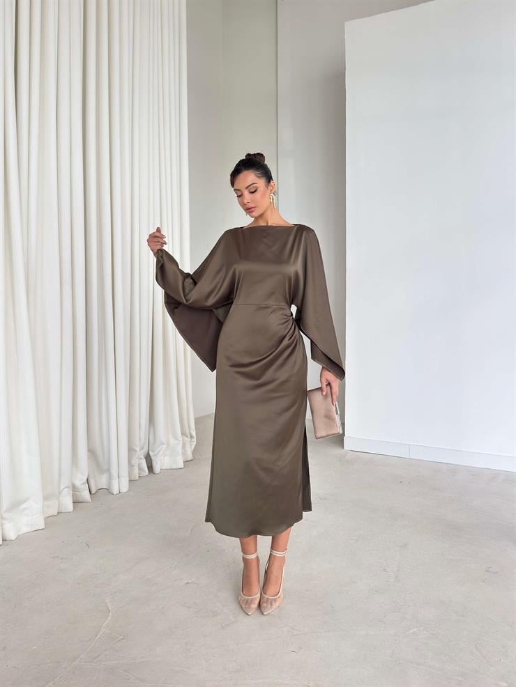 Kolları Ve Yanı Yırtmaçlı Drape Detaylı Berma Haki Kadın Saten Elbise 26K339