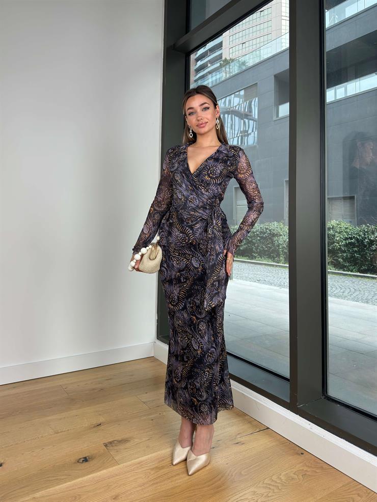 Kruvaze Yaka Belden Bağlamalı Bluz Yüksek Bel Uzun Etek Berton Siyah Kadın Tül Takım 25Y022