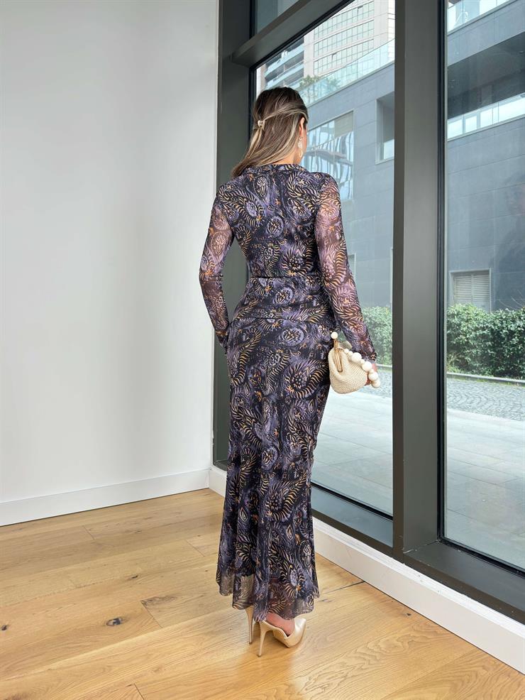 Kruvaze Yaka Belden Bağlamalı Bluz Yüksek Bel Uzun Etek Berton Siyah Kadın Tül Takım 25Y022