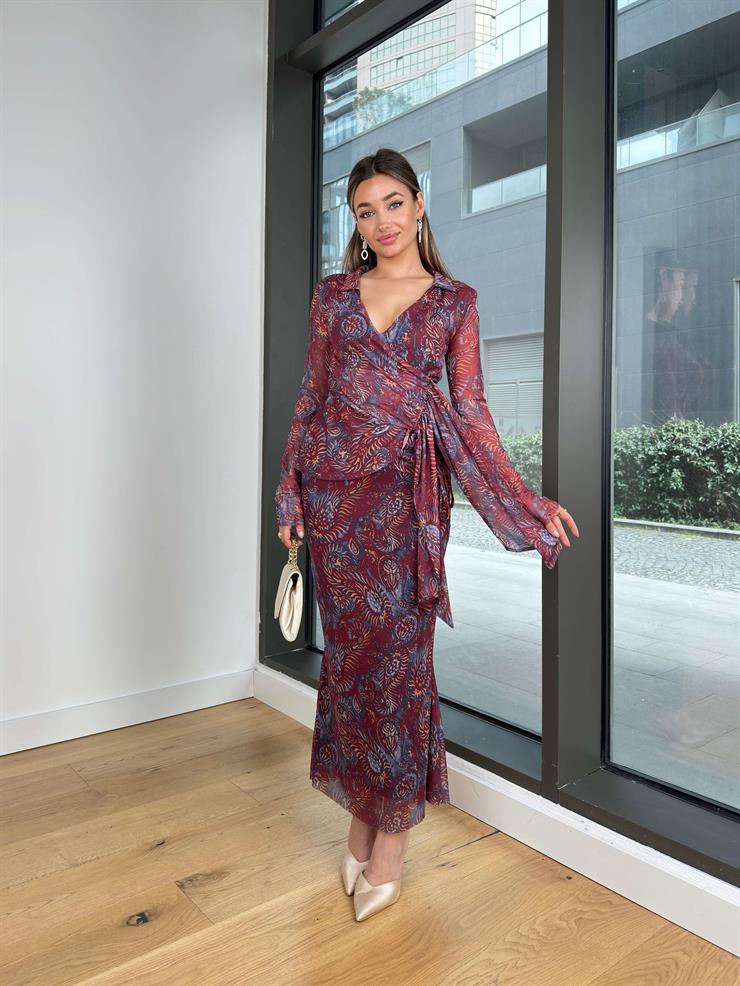 Kruvaze Yaka Belden Bağlamalı Bluz Yüksek Bel Uzun Etek Berton Bordo Kadın Tül Takım 25Y022