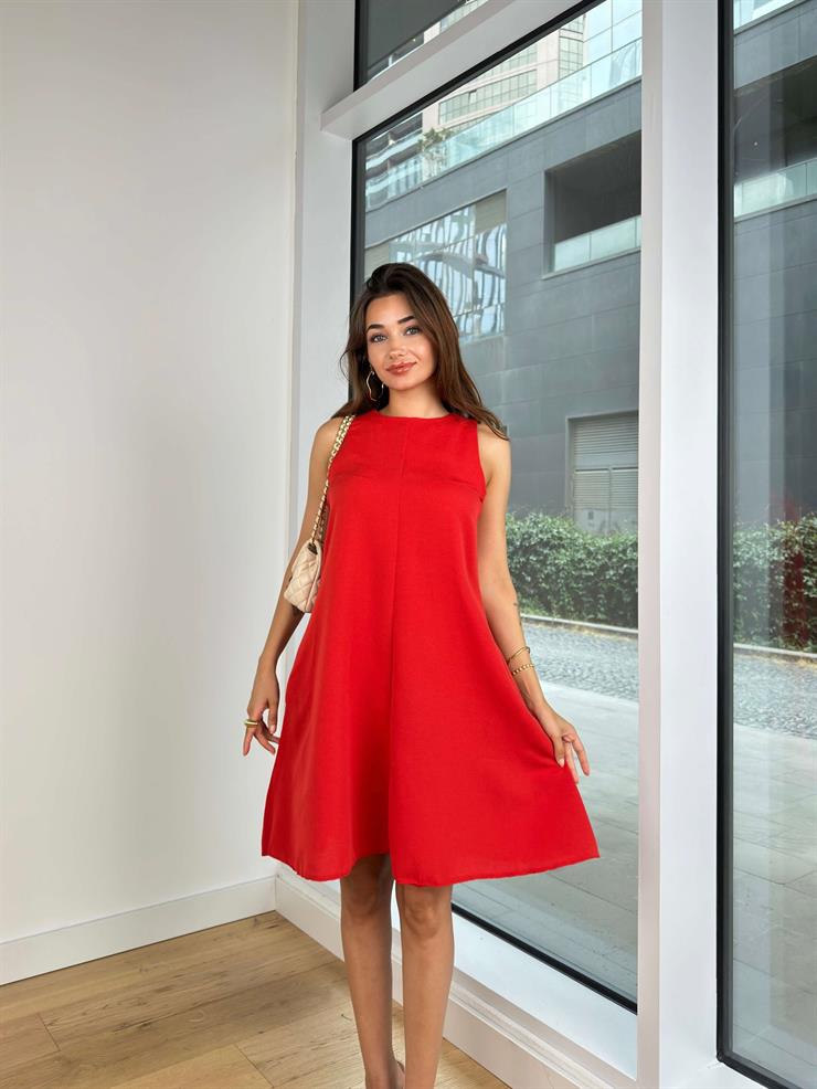 Kolsuz Yuvarlak Yaka Beslava Kadın Kırmızı Mini Elbise 24Y805