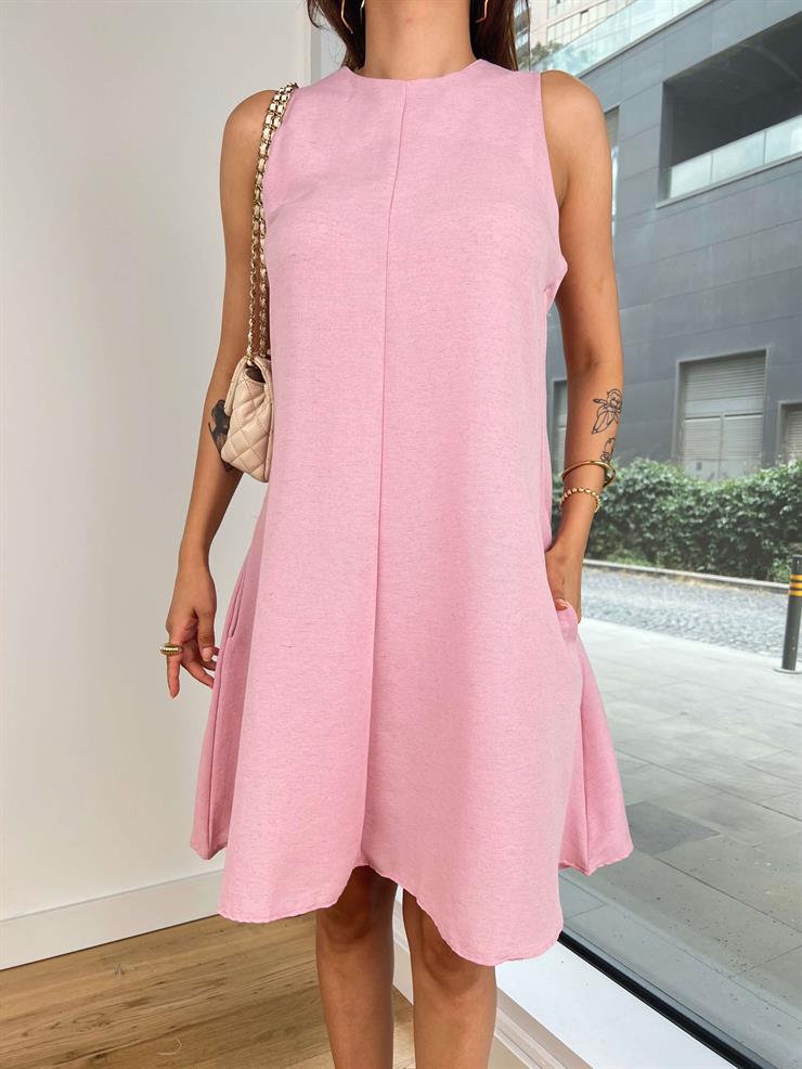 Kolsuz Yuvarlak Yaka Beslava Kadın Pembe Mini Elbise 24Y805