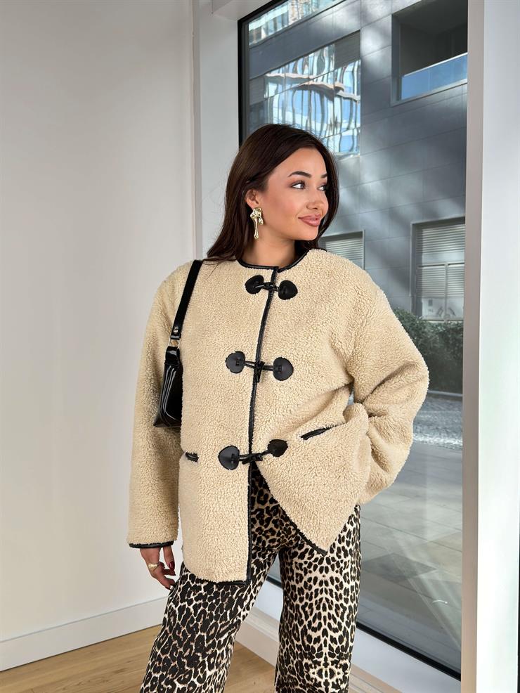 Deri Detaylı Peluş Bestia Taş Kadın Mont 25K236