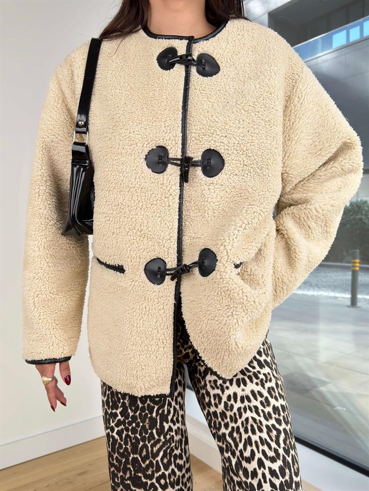 Deri Detaylı Peluş Bestia Taş Kadın Mont 25K236