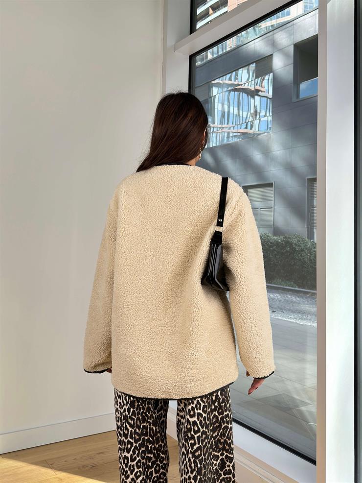 Deri Detaylı Peluş Bestia Taş Kadın Mont 25K236