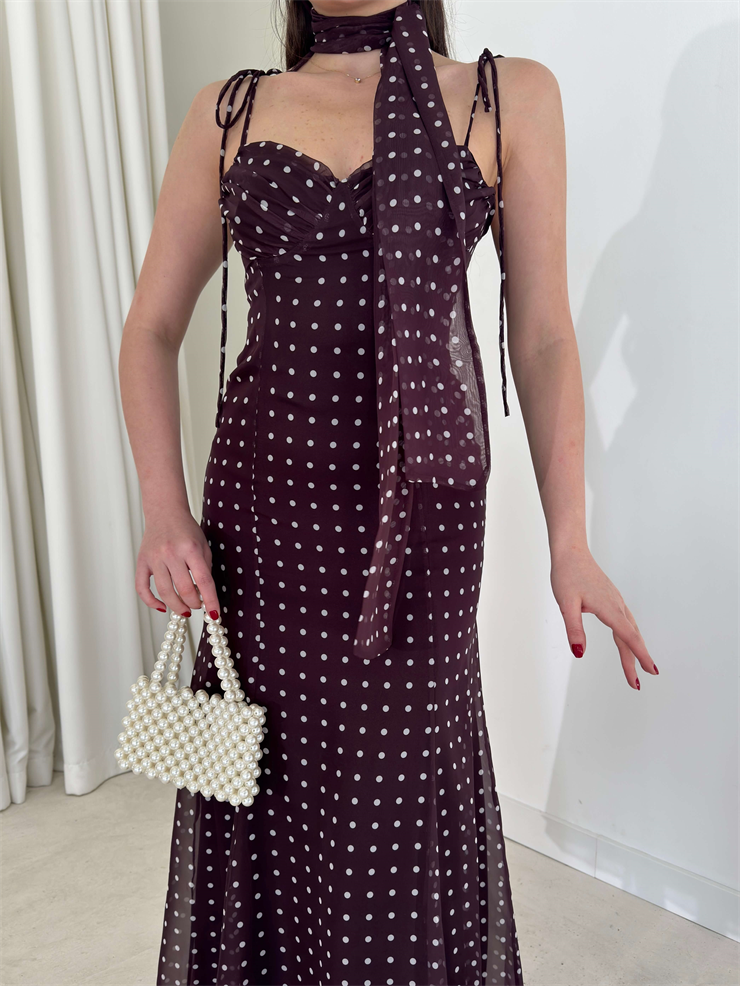 Fularlı Askısı Bağlamalı Puantiye Desenli Midi Kahverengi Bethany Kadın Elbise 26Y124