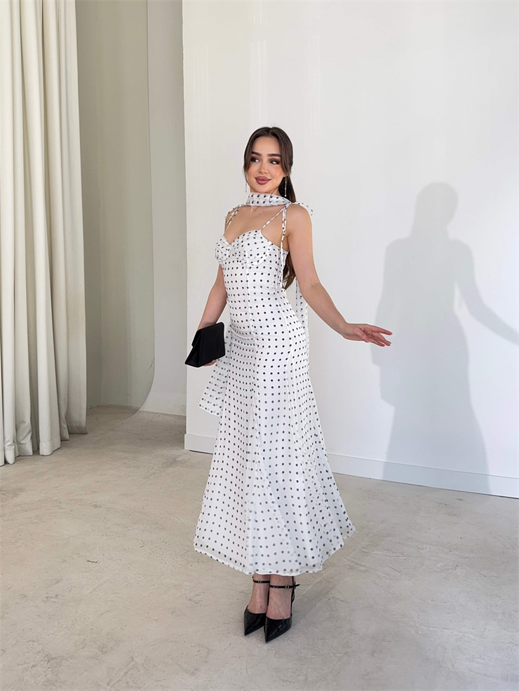 Fularlı Askısı Bağlamalı Puantiye Desenli Midi Ekru Bethany Kadın Elbise 26Y124