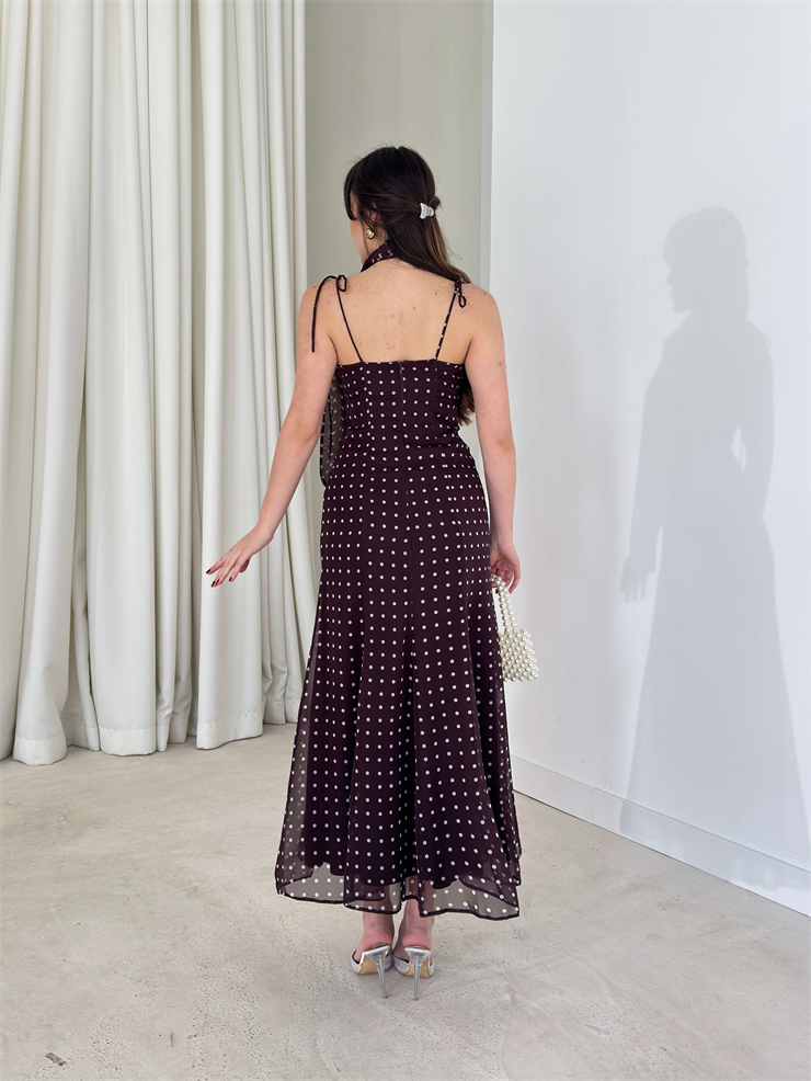 Fularlı Askısı Bağlamalı Puantiye Desenli Midi Kahverengi Bethany Kadın Elbise 26Y124