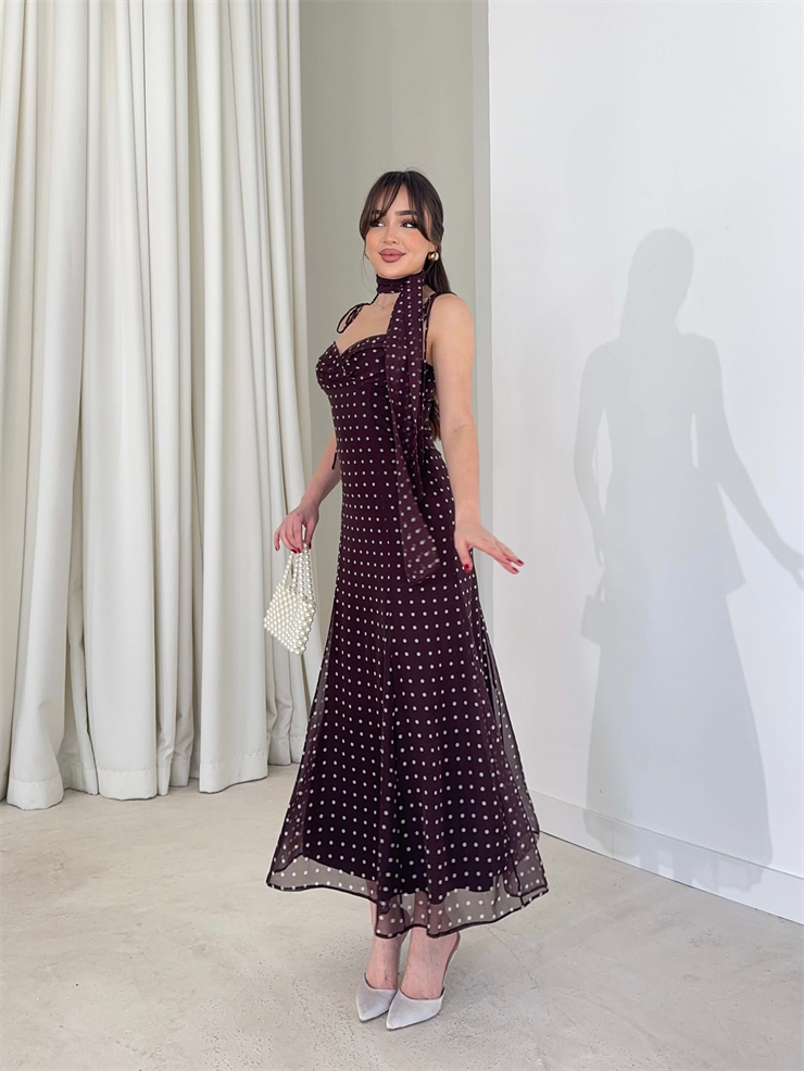 Fularlı Askısı Bağlamalı Puantiye Desenli Midi Kahverengi Bethany Kadın Elbise 26Y124