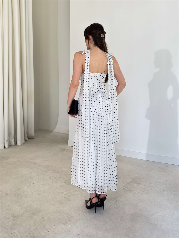 Fularlı Askısı Bağlamalı Puantiye Desenli Midi Ekru Bethany Kadın Elbise 26Y124