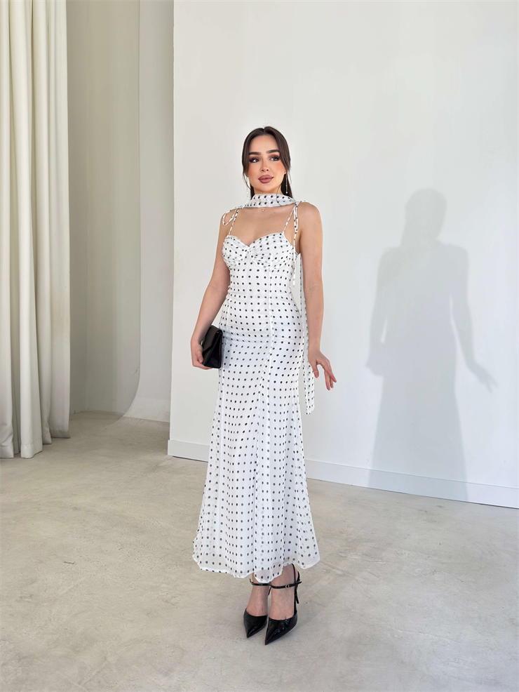 Fularlı Askısı Bağlamalı Puantiye Desenli Midi Ekru Bethany Kadın Elbise 26Y124