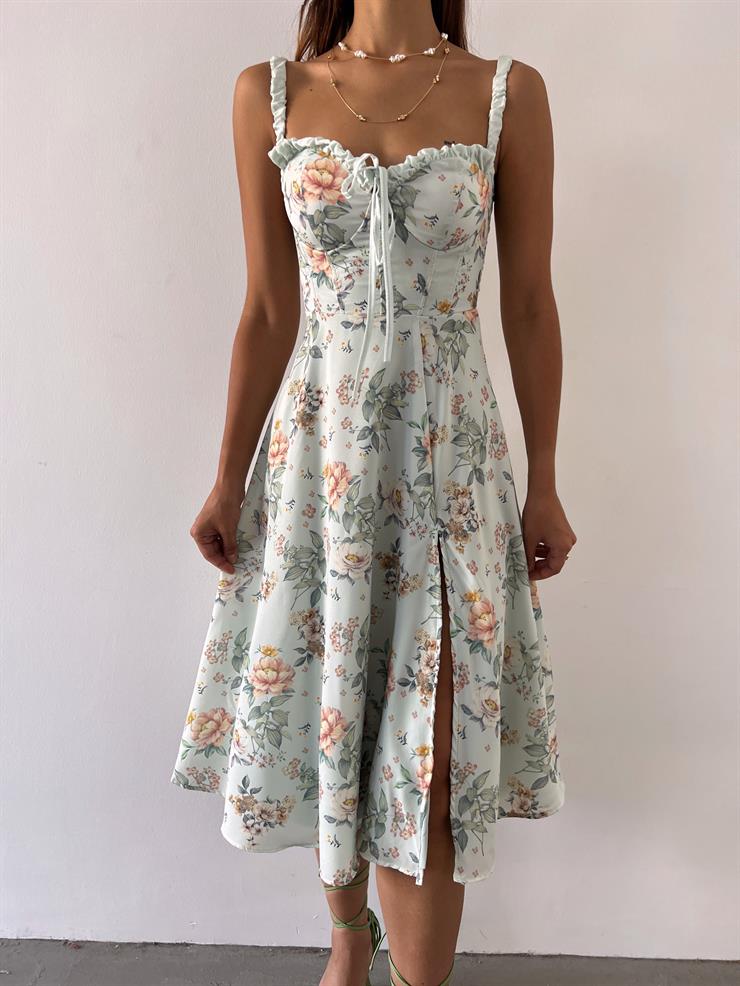 Askısı Ve Ön Kısmı Fırfır Detaylı Eteği Yırtmaçlı Betro Kadın Çiçekli Mint Elbise 23Y000484