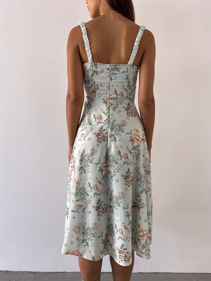 Askısı Ve Ön Kısmı Fırfır Detaylı Eteği Yırtmaçlı Betro Kadın Çiçekli Mint Elbise 23Y000484