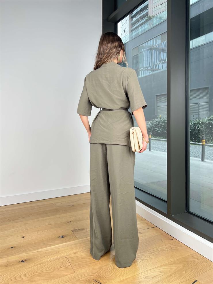 Kısa Kol Kruvaze Belden Bağlamalı Bluz Yüksek Bel Bol Paça Pantolon Bettır Haki Kadın Takım 25Y139