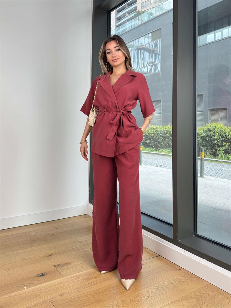 Kısa Kol Kruvaze Belden Bağlamalı Bluz Yüksek Bel Bol Paça Pantolon Bettır Bordo Kadın Takım 25Y139