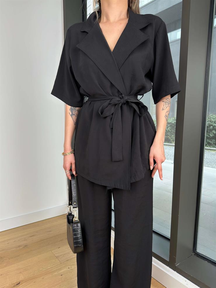Kısa Kol Kruvaze Belden Bağlamalı Bluz Yüksek Bel Bol Paça Pantolon Bettır Siyah Kadın Takım 25Y139