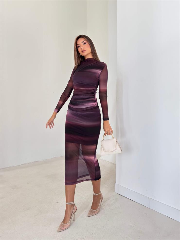 Drape Detaylı Uzun Tül Kol Bezilda Mor Kadın Elbise 26K152