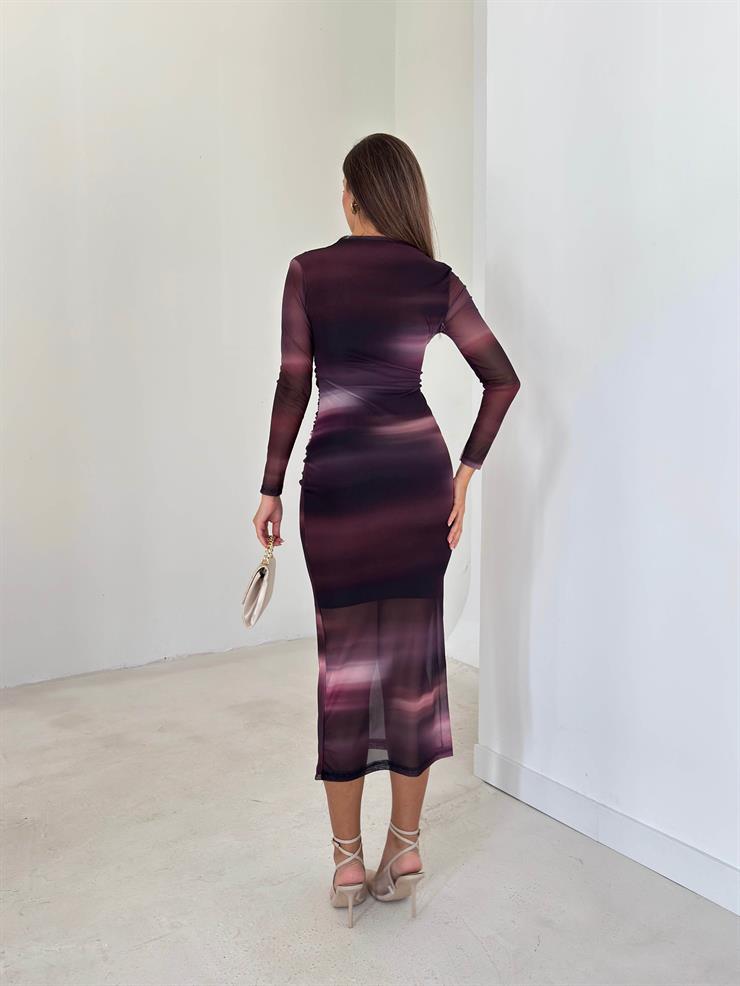 Drape Detaylı Uzun Tül Kol Bezilda Mor Kadın Elbise 26K152