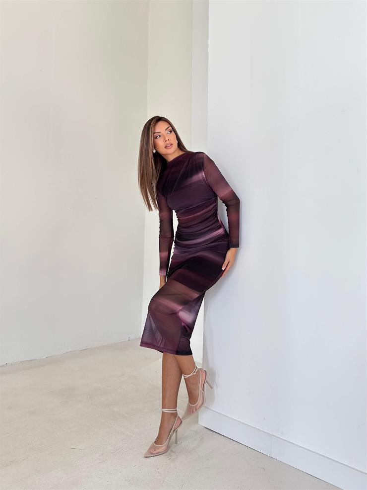 Drape Detaylı Uzun Tül Kol Bezilda Mor Kadın Elbise 26K152