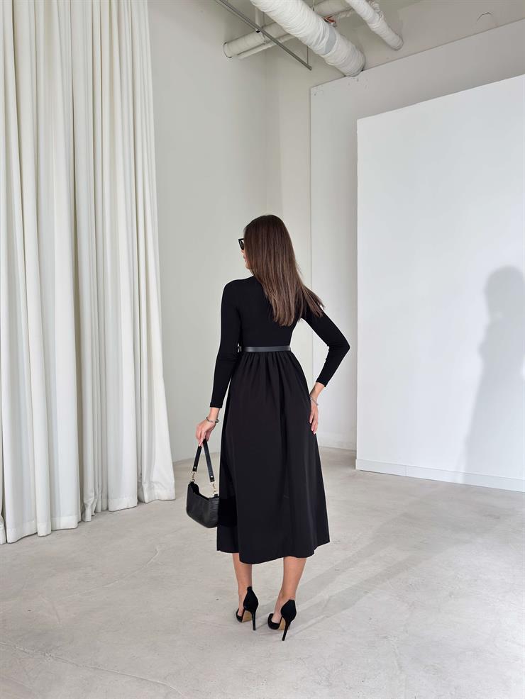 Kemerli Uzun Kol Bılten Siyah Kadın Elbise 26K393